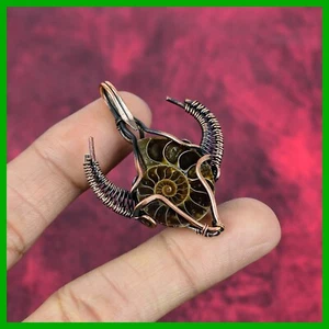 Natural Ammonite Fossil Copper Wire Wrapped Bull Face Shape Wife Gift Pendant - Picture 1 of 6