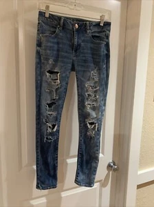 American Eagle Stretch High Rise Jegging Ankle Ripped Distressed Jeans Blue Sz4 - Picture 1 of 8