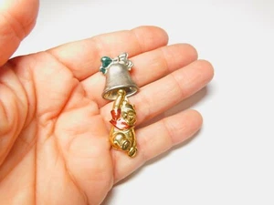 Disney WInnie The Pooh Red Green Enamel Mixed Metals Bell Dangle Brooch Vintage - Picture 1 of 4