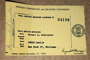 LICENZA BROKER IMMOBILIARE Michigan Card dicembre 1964 Werner Sehroeder Vintage - Foto 1 di 4