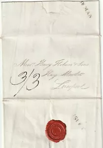 1820 RRR ISLE OF MAN PMK LETTER 3/3d POSTAGE TO HENRY HOLMES LIVERPOOL RE BILLS - Picture 1 of 3