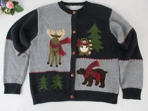 Bellpointe VTG 80's Colorblock Cardigan Sweater XL Winter Moose Bear Ramie Wool - Picture 1 of 11