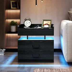 TC-HOMENY Black Nightstand with RGB LED+ Charging Station Side Table Night Stand - Picture 1 of 14