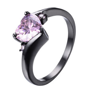 Luxury Women's Heart Shaped Pink Cubic Zirconia Black Gold Ring Jewelry Size 7