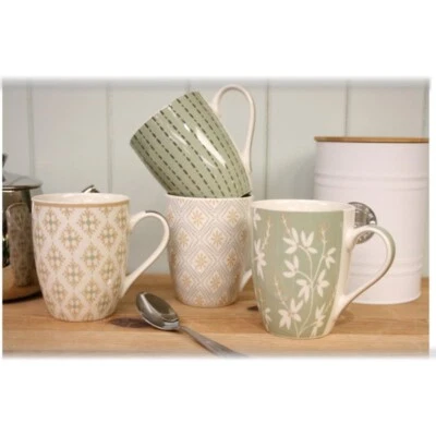 Set of 4 Ceramic Mugs 12oz Sage Green Drinking Cup Assorted Design - Image 1 of 2