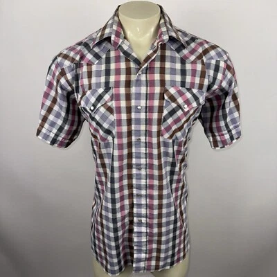 Camisa ajustada Panhandle para hombre a presión de perlas vaquero occidental rosa gris a cuadros de colección años 70 XL 17 Foto 1 de 4