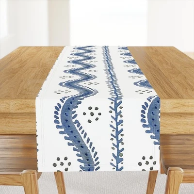 Watercolor Blue Stripe Botanical Stripe Regency Stripe Printed Table Runner - Image 1 of 4