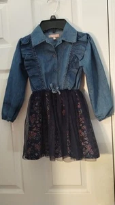 Adorable BCGC Girl's Blue Denim Dress With Floral Tulle, Size 4 - Picture 1 of 12