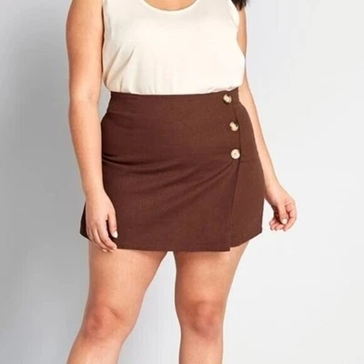 Modcloth Brown Sunny Attitude A-line Faux Wrap Mini Skirt NEW Women's 14 - Image 1 of 4