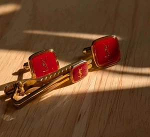 Vintage Yves Saint Laurent YSL Gold Tone Red Enamel Cufflinks+Pin Set - Picture 1 of 13