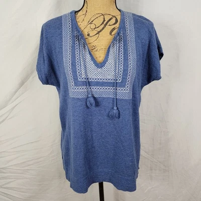 J.CREW Size Small 100% Cotton Blue Embroidered Boho Hippie Dolman Split Neck Top - Image 1 of 4