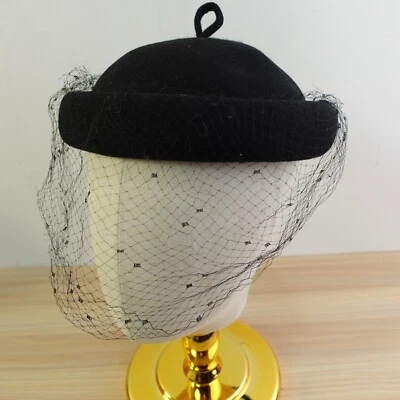 50s Vintage JUNIOR SEASONS Pill Box Fascinator Hat Black Doeskin Felt Mesh Veil - Image 1 of 4