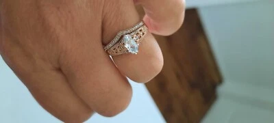 conjuntos de aliança de casamento feminina tamanho 7 ouro rosa pedra principal água-marinha com diamantes - Imagem 1 de 4