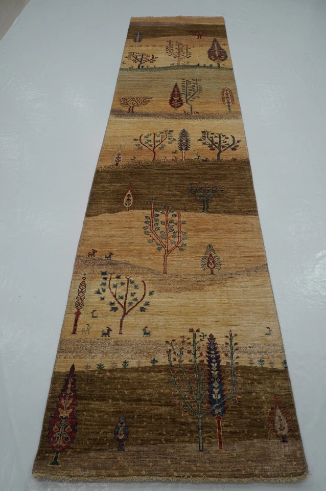3 x 12 ft Brown Gabbeh Landscape Afghan Hand knotted Tribal Runner Rug - Image 1 of 4