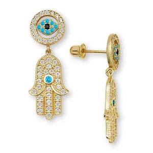 14K Yellow Gold Evil Eye Hamsa Hand Screw Back Dangle CZ Earrings Protection - Picture 1 of 1