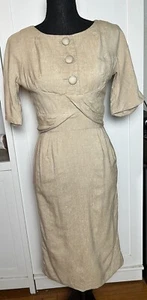 Murray Zenkel 1950s Vintage Herringbone Beige Wiggle Dress Sz XS/S - Picture 1 of 22