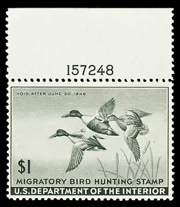 Scott RW12 1945 $1.00 Duck Stamp Mint Plate # Single F-VF OG NH Cat $100 - Picture 1 of 2