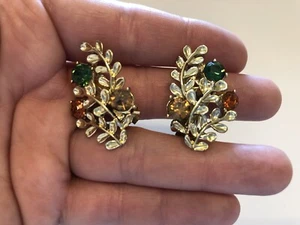 Rhinestone Crystal Clip On Earrings Fern Leaf Boho Nature Fall Autumn Vintage - Picture 1 of 5