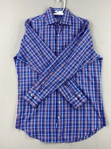 Peter Millar Shirt Mens M Medium Blue Orange Red Plaid Button Up Long Sleeve - Picture 1 of 13