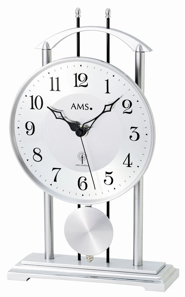 AMS 5192 Tischuhr Funk Funktischuhr mit Pendel silbern Metallgehäuse - Bild 1 von 1
