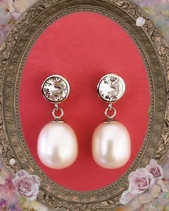 AAA Freshwater Pearl Drop Sterling Silver With Diamond Earrings For Women (#d88) - Picture 1 of 3