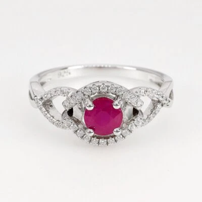 18k White Gold Plated Natural Ruby Round 5.3mm & White Zircon Silver Ring - Image 1 of 4