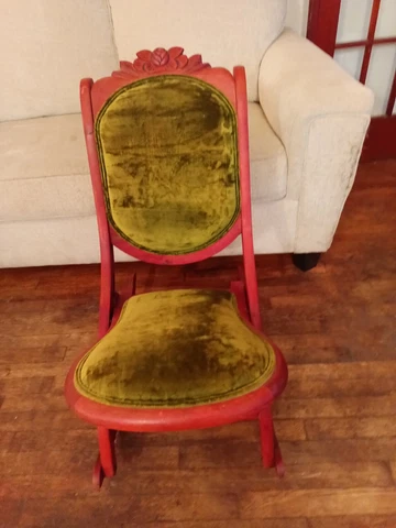Vintage Antique Mid Century Wood Green Velvet Folding Rocking Sewing Chair Cover