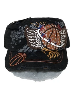 Basketball Rhinestones Wings Embroidered Distressed Cadet Cap Vintage Black Hat - Picture 1 of 6