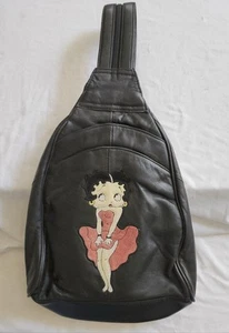 Black Betty Boop Vintage 90s Embroidered Leather Back Pack Sling Bag Pin Up - Picture 1 of 9