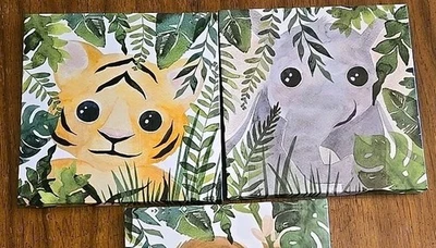 丛林动物宝宝儿童房墙艺术2版画12英寸×12英寸老虎大象 — 第 1/4 张图片