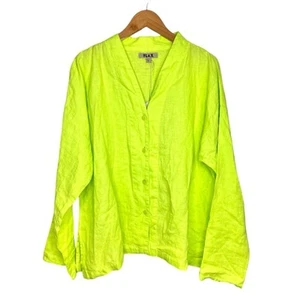 Flachs Leinen Hemd mit Knopfleiste Gr. Large V-Ausschnitt Chartreuse neongrün Lagenlook - Bild 1 von 13