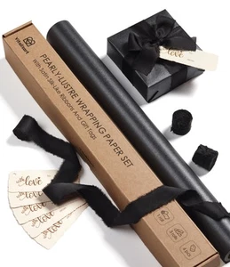 Black Wrapping Paper Set 17" Pearly-Lustre With Silk Like Satin Ribbon & Gift... - Picture 1 of 7