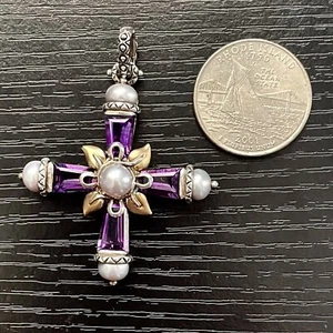 🦋 HE Barbara Bixby Amethyst Gray Pearl Leaf Cross Enhancer Sterling18K Pendant - Picture 1 of 6