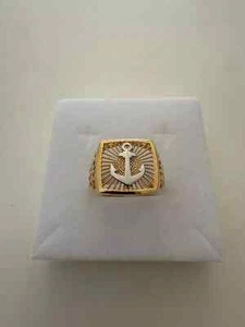 18 KARAT YELLOW WHITE GOLD MAN BAND RING SQUARE ON TOP WITH ANCHOR MADE IN ITALY - Picture 1 of 11