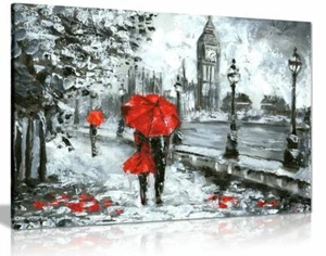 Oil Painting Street View London Black White & Red Big Ben Canvas Wall Art Print - Picture 1 of 5