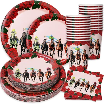 96Pcs Derby Day Party Tableware Set with Paper Plates Napkins Cups Horsing Racin - Image 1 of 4