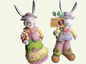Easter Bunny Figurines Set Of 2 With Spring Details & Decorations - Picture 1 of 13