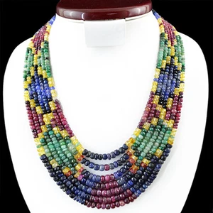 780.00 CTS NATURAL FACETED BLUE SAPPHIRE, RUBY & EMERALD 7 LINE BEADS NECKLACE - Picture 1 of 3