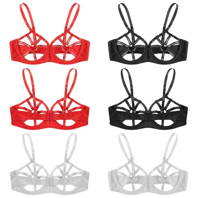 US Womens Bra Lingerie Bras O-ring Top Balconette Nightwear Sexy Underwear Shiny - Image 1 of 3