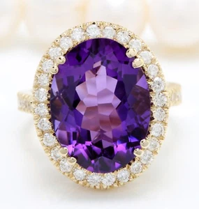 12.90 Carat Natural Purple Amethyst and Diamonds in 14K Solid Yellow Gold Ring - Picture 1 of 7