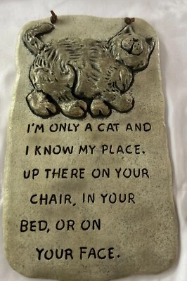 Placa de piedra fundida vintage de las reglas de la casa del gato de los 80 Foto 1 de 4