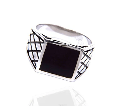 anello tutto argento 925 per uomo scudo chevalier faux onice quadrato nero rombi - Immagine 1 di 4