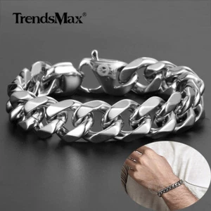 15mm 9" 316L Stainless Steel Cuban Curb Link Bracelet Mens Chain Christmas Gift - Picture 1 of 7