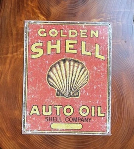 Golden Shell Auto Oil Tin Metal Sign - Shell Company - Gas - Gasoline - Retro - Picture 1 of 2
