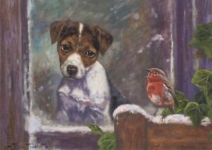 Jack Russell Robin Dog Cute Puppy Painting Christmas Xmas Card