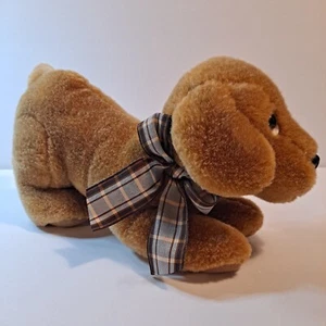 Target Playful Brown Puppy Dog Plush Stuffed Animal Plaid Bow 12" Long Toy - Picture 1 of 8