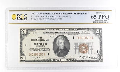 1929 $20 Minneapolis MN Federal Reserve Bank Fr#1870-I Gem Unc 65 PPQ PCGS *2526 - Image 1 of 3