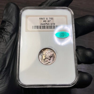 MS67 CAC 1940-S 10C Mercury Silver Dime, NGC- Old Fatty Holder, Lightly Toned - Image 1 of 4