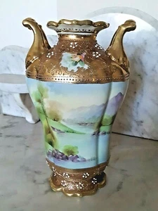 Nippon Antique Porcelain Hand Painted Vase W/Beading & Mt. Fuji - Picture 1 of 7