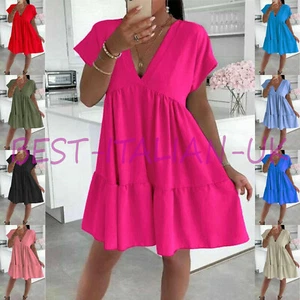 Ladies V Neck Smock Dress Women's Summer Beach Pleated Swing Mini Dress Top Plus - Picture 1 of 12